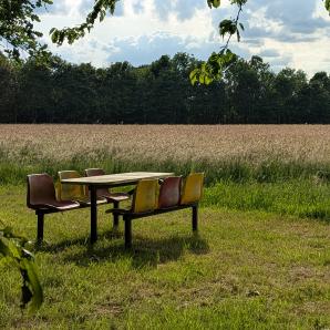 An old fast-food seating set, placed at the edge of a field. It's a warm day.