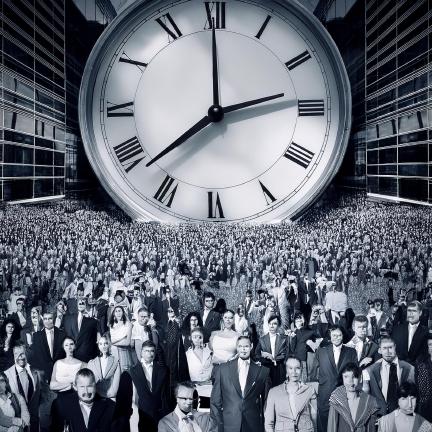 A crowded dystopian space, crammed with office drones, in front of a colossal clock
