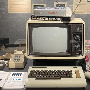 A Commodore Vic20 and accessories, in a museum display