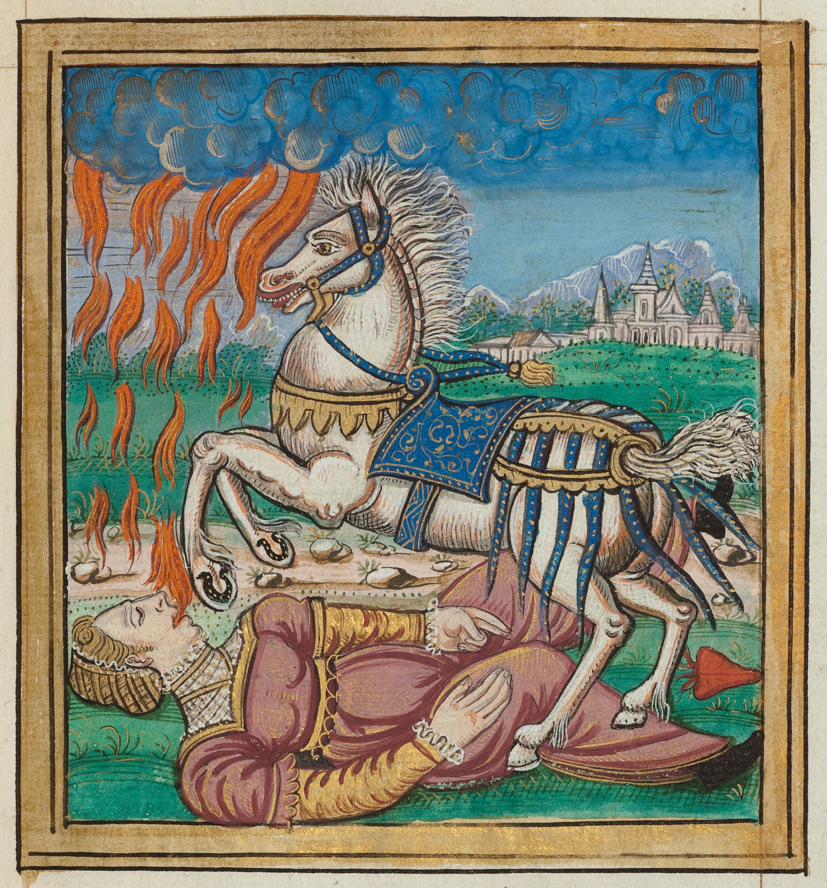 A virgin, struck by a thunderbolt, falls off horse