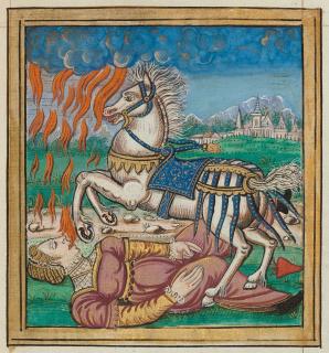 A young virgin, who was riding on horseback, struck by a thunderbolt. Date 1559. From Histoires Prodigieuses.